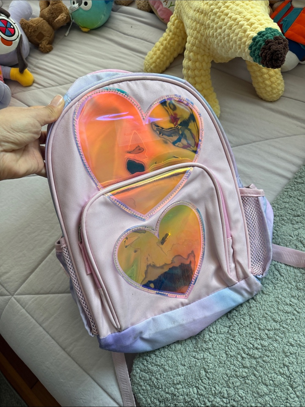 Pottery Barn Kids Pink Backpack with Iridescent Heart Windows
